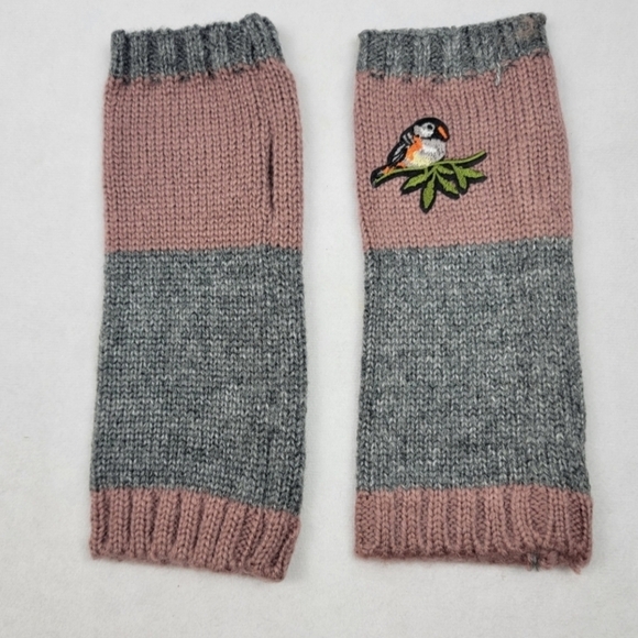 Knitted birdie embroidered cotton fingerless winter gloves Preppy (#1,045)(C) - Picture 2 of 4
